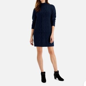Charter Club L Navy Blue Cable Knit Mock Neck Sweater Dress NWT